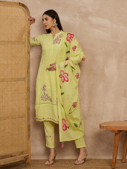 Yellow Embroidered Cotton Suit Set with Floral Dupatta