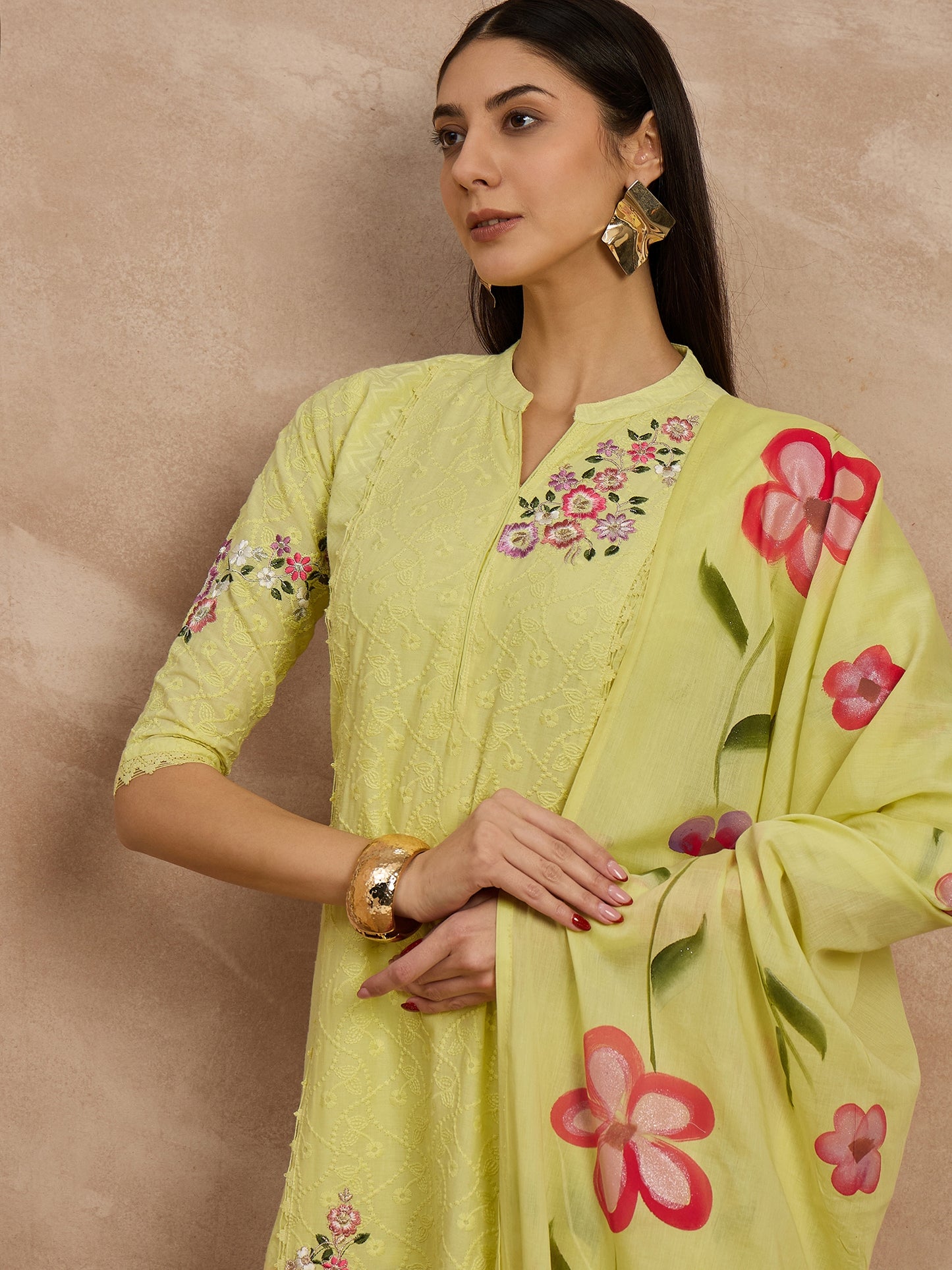Yellow Embroidered Cotton Suit Set with Floral Dupatta