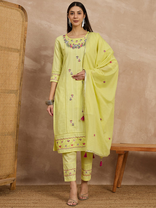 Embroidered Cotton Kurta Set with Dupatta