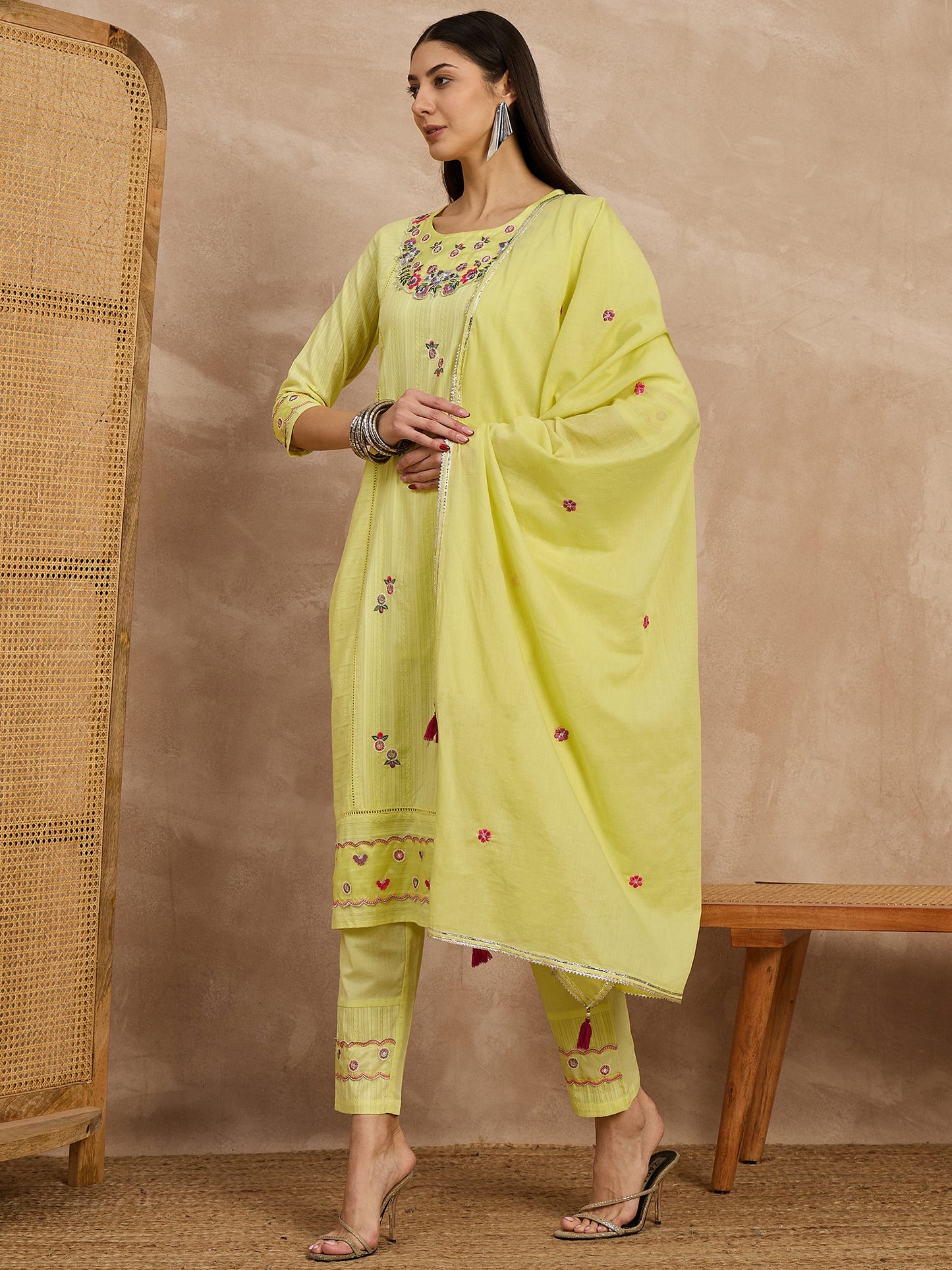Embroidered Cotton Kurta Set with Dupatta