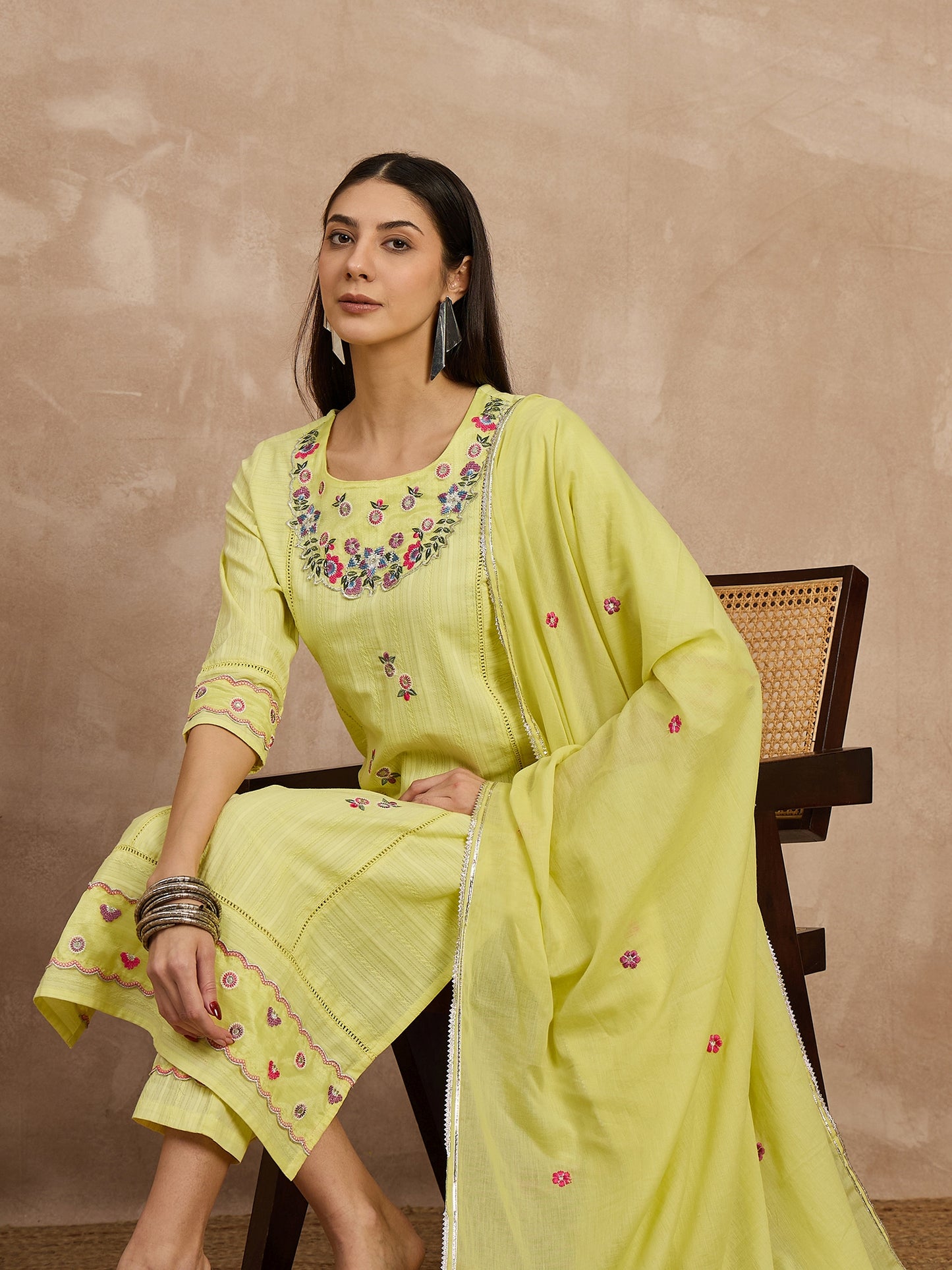 Embroidered Cotton Kurta Set with Dupatta