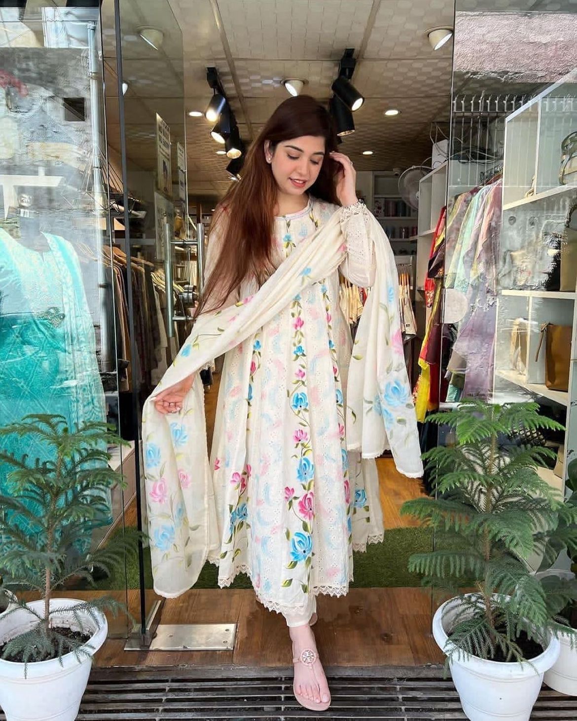 Elegant Floral Embroidered Cotton Anarkali Kurta Set with Dupatta
