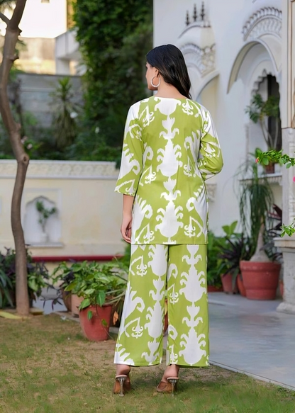 Trendy Green & White Ikat Co-ord Set for Women