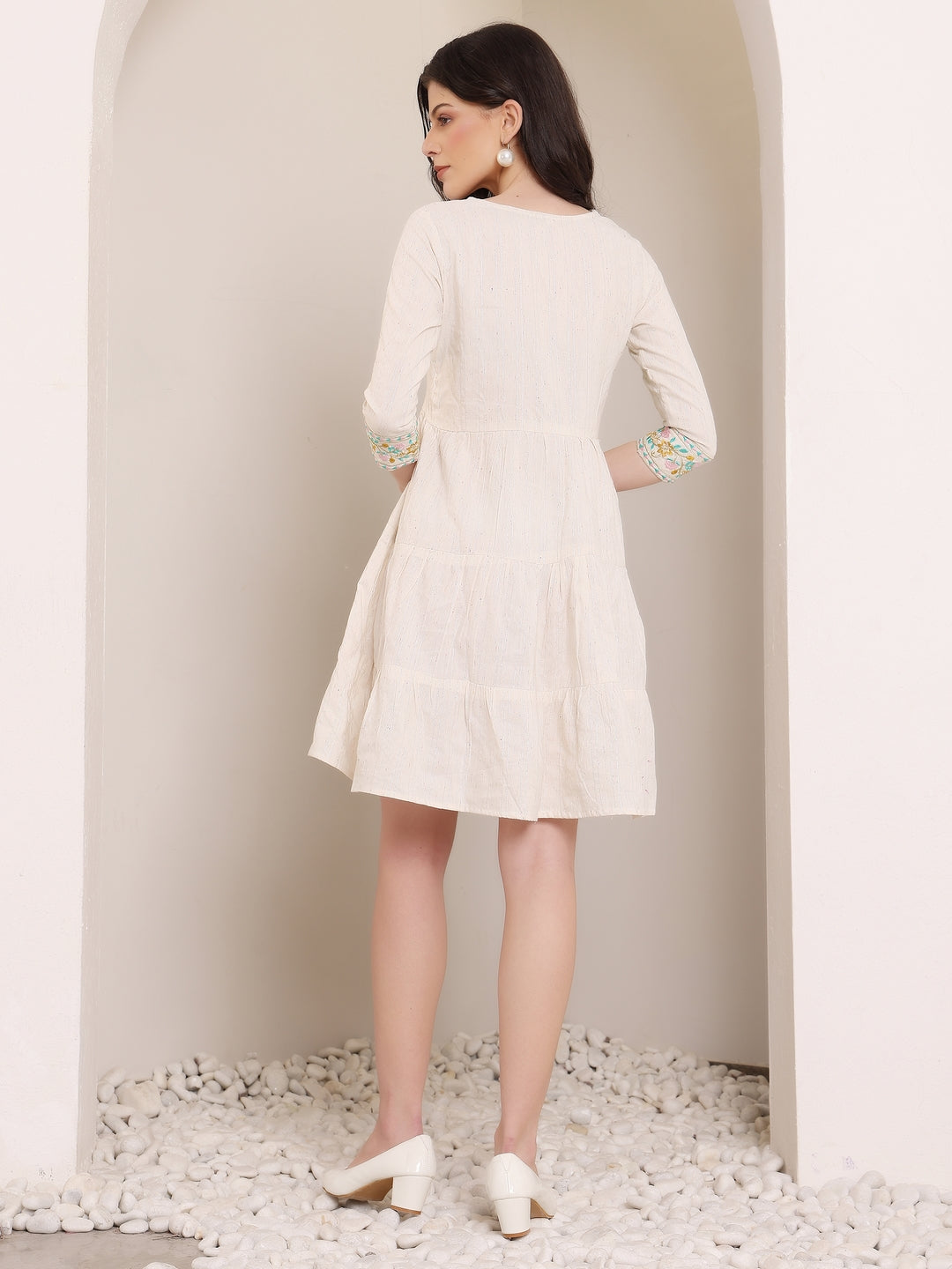Off-White Short Kurti Dress with Embroidered Sleeve Detail