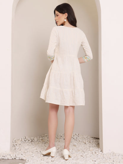 Off-White Short Kurti Dress with Embroidered Sleeve Detail