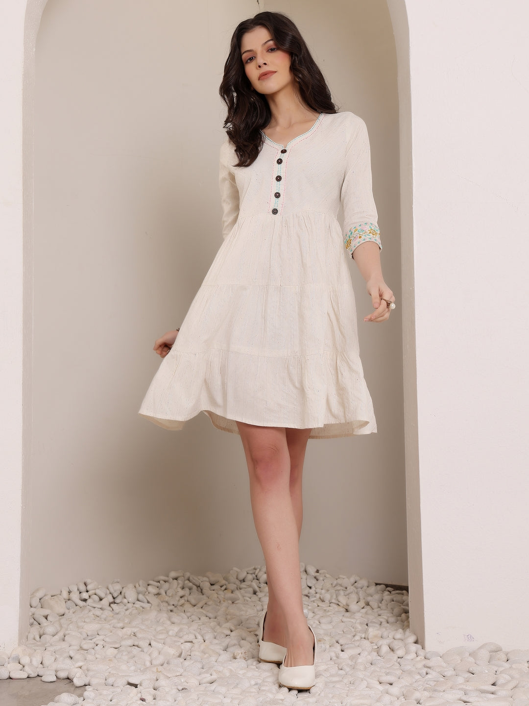 Off-White Short Kurti Dress with Embroidered Sleeve Detail