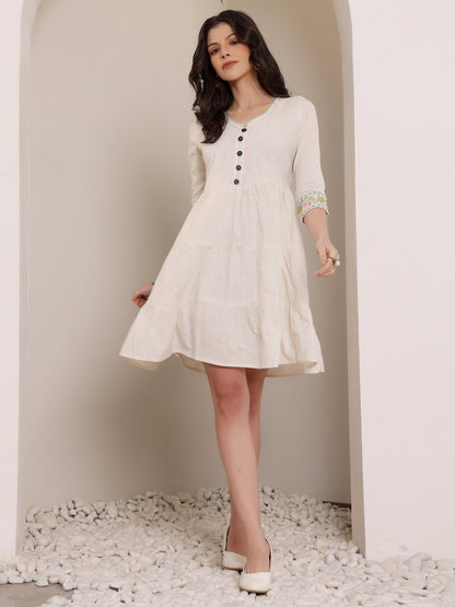 Off-White Short Kurti Dress with Embroidered Sleeve Detail