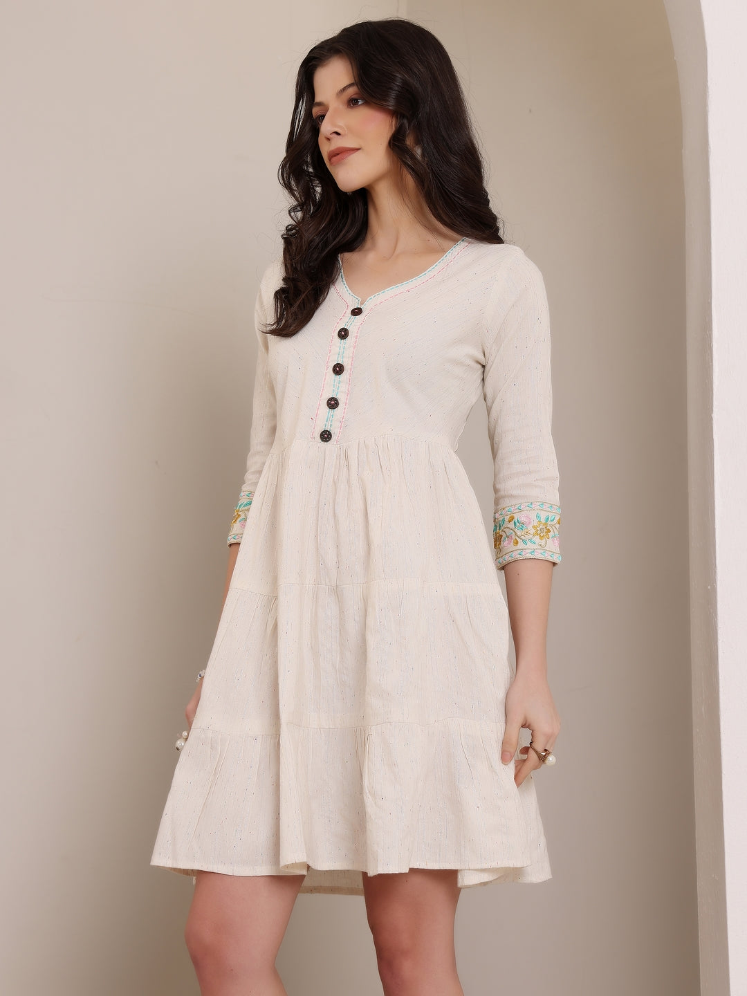 Off-White Short Kurti Dress with Embroidered Sleeve Detail