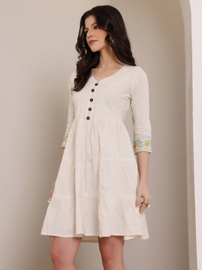 Off-White Short Kurti Dress with Embroidered Sleeve Detail