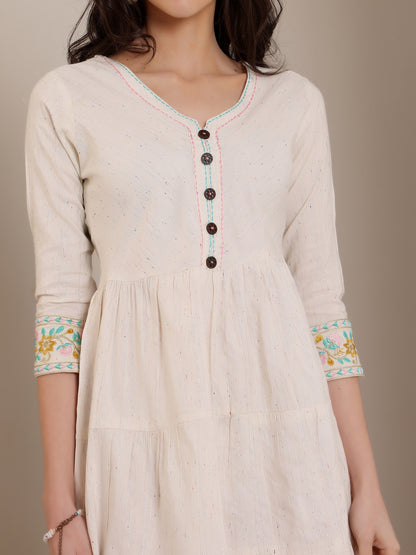Off-White Short Kurti Dress with Embroidered Sleeve Detail