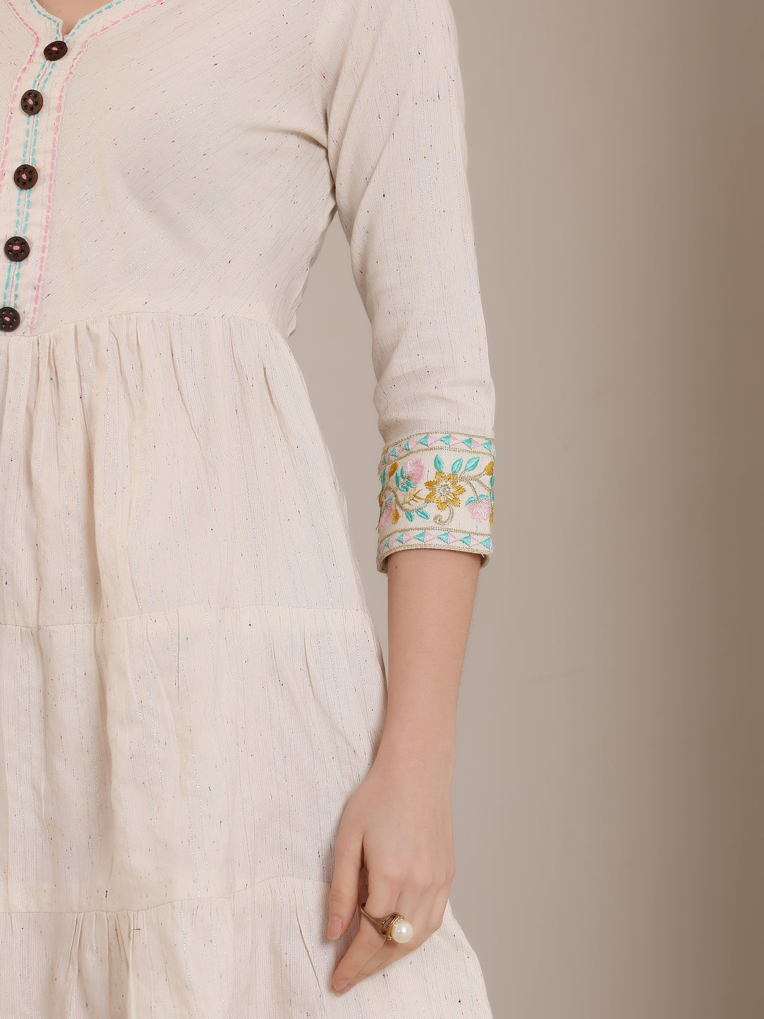 Off-White Short Kurti Dress with Embroidered Sleeve Detail