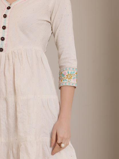 Off-White Short Kurti Dress with Embroidered Sleeve Detail