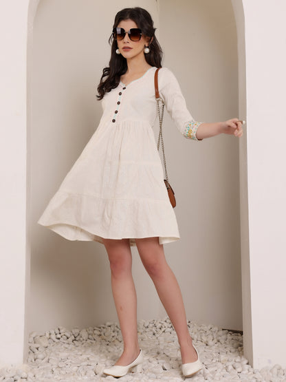 Off-White Short Kurti Dress with Embroidered Sleeve Detail