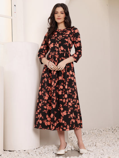 Black Floral Print Midi Dress for Women