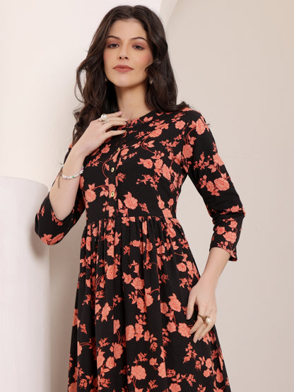Black Floral Print Midi Dress for Women