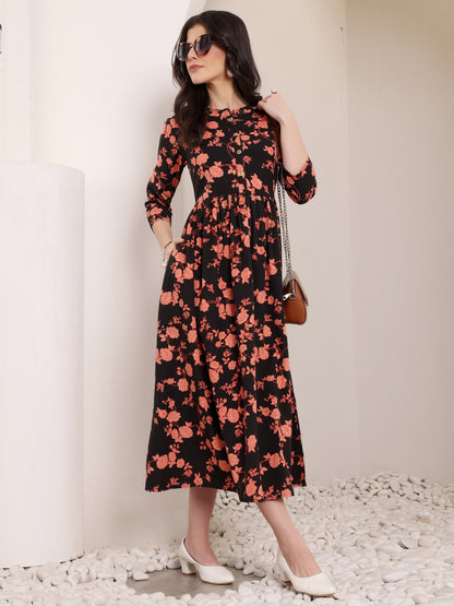 Black Floral Print Midi Dress for Women