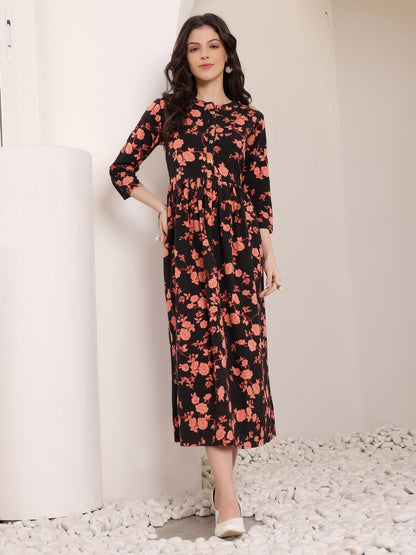 Black Floral Print Midi Dress for Women