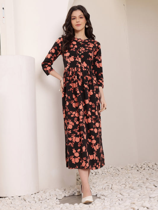 Black Floral Print Midi Dress for Women