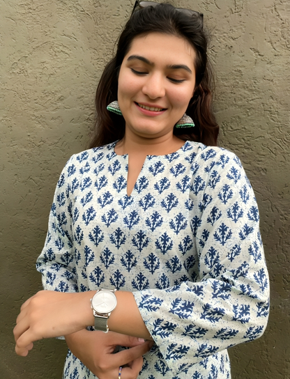 Off-White & Blue Handblock Printed Cotton Top for Women