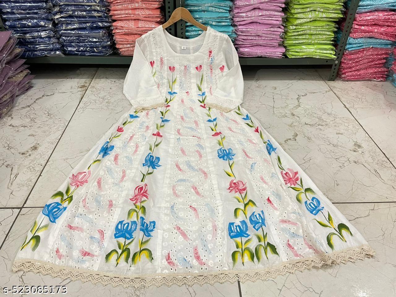 Elegant Floral Embroidered Cotton Anarkali Kurta Set with Dupatta