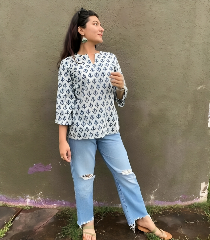 Off-White & Blue Handblock Printed Cotton Top for Women