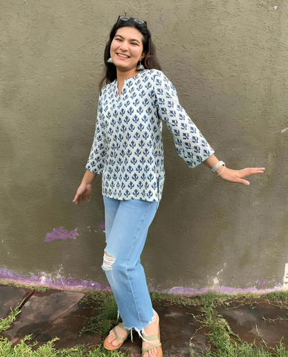 Off-White & Blue Handblock Printed Cotton Top for Women