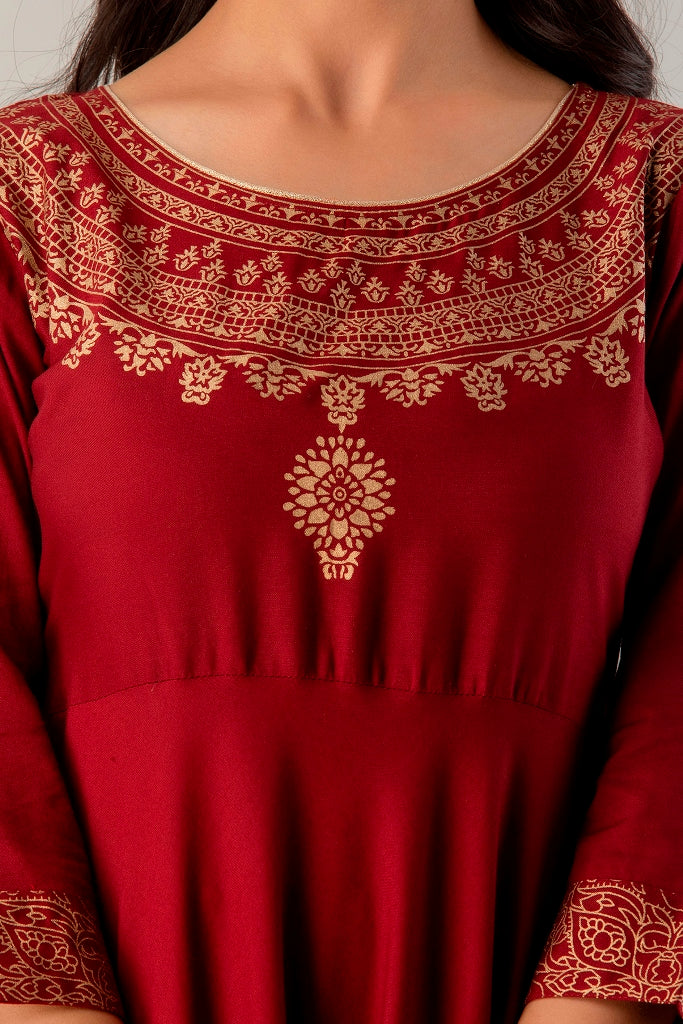Maroon Flared Foil Print Gown with Dupatta