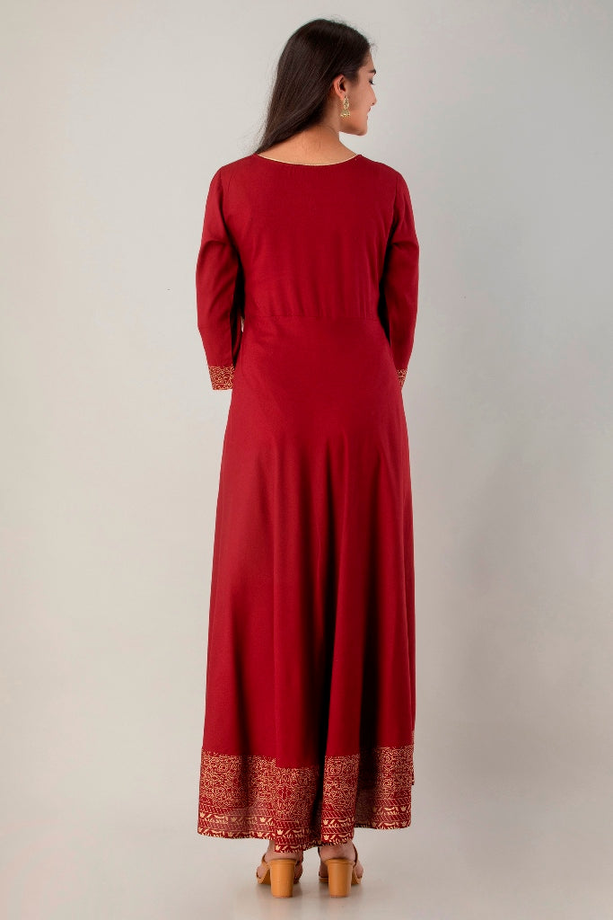 Maroon Flared Foil Print Gown with Dupatta