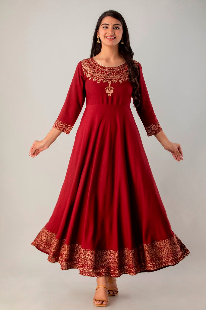 Maroon Flared Foil Print Gown with Dupatta