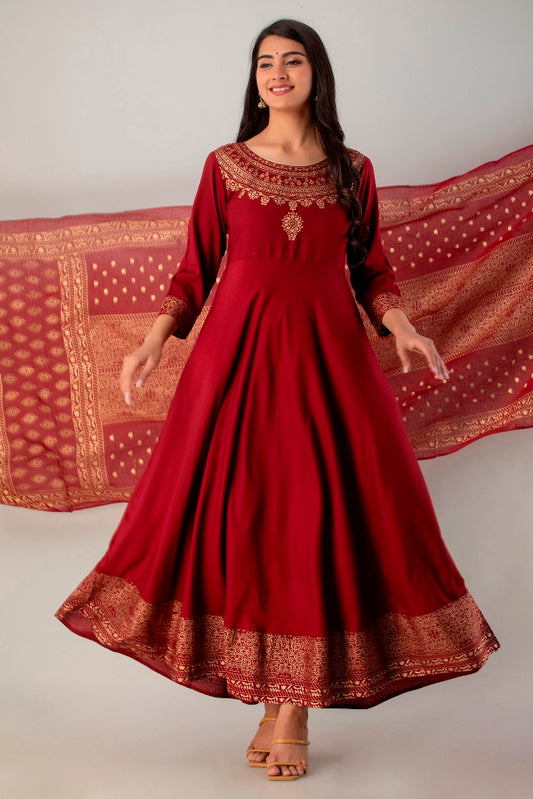 Maroon Flared Foil Print Gown with Dupatta
