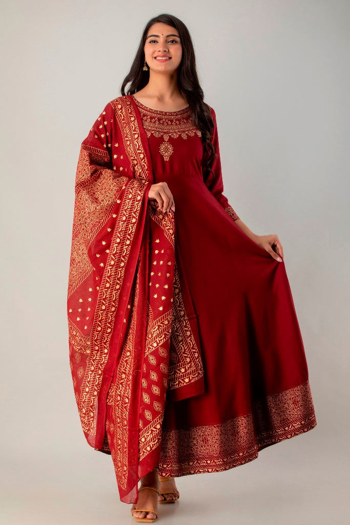Maroon Flared Foil Print Gown with Dupatta