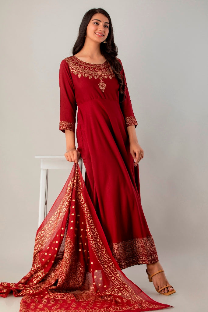 Maroon Flared Foil Print Gown with Dupatta