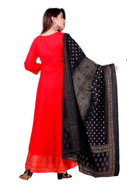 Red Flared Foil Print Gown with Dupatta