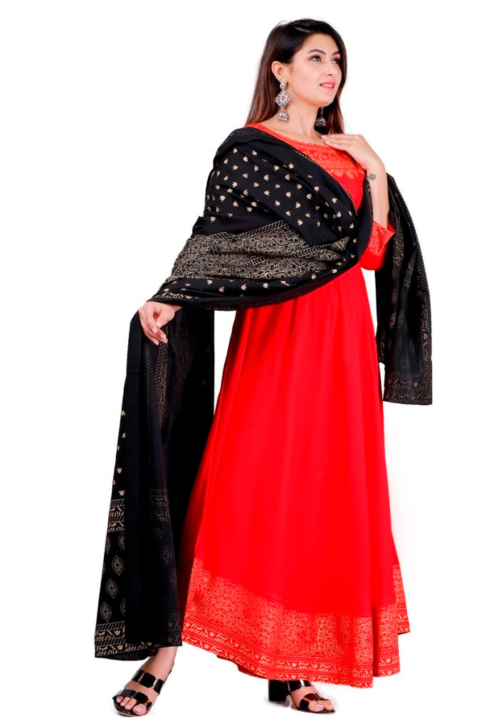 Red Flared Foil Print Gown with Dupatta