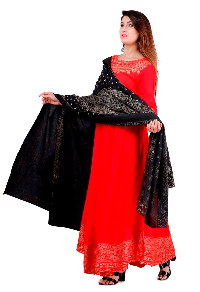 Red Flared Foil Print Gown with Dupatta