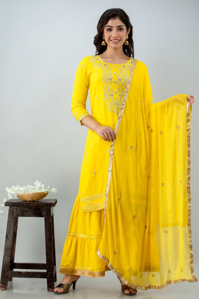 Yellow Straight Solid Kurta with Sharara and Dupatta