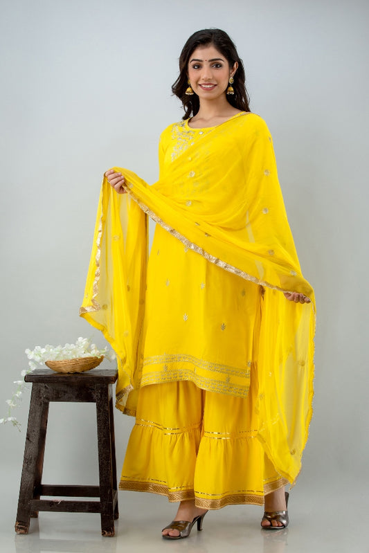 Yellow Straight Solid Kurta with Sharara and Dupatta