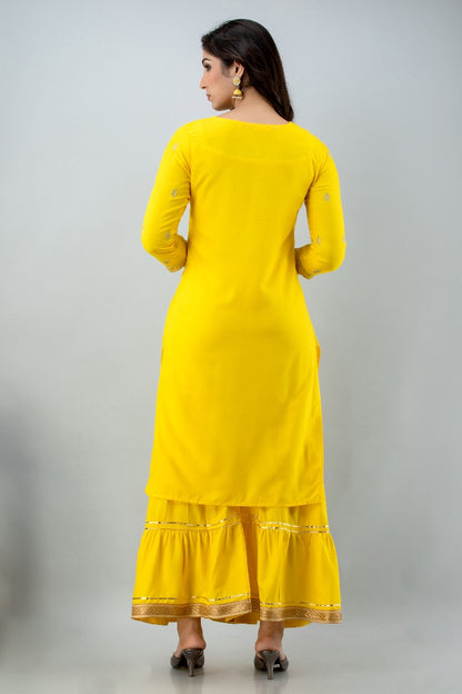 Yellow Straight Solid Kurta with Sharara and Dupatta