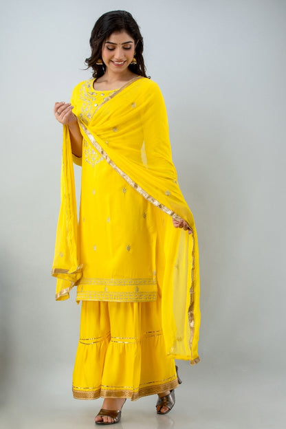Yellow Straight Solid Kurta with Sharara and Dupatta