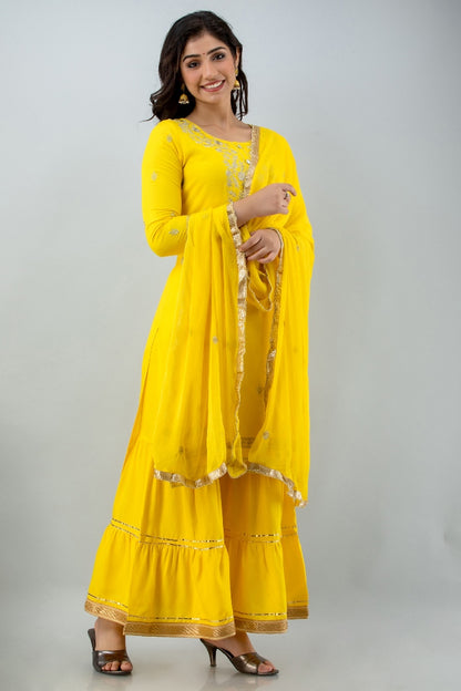 Yellow Straight Solid Kurta with Sharara and Dupatta