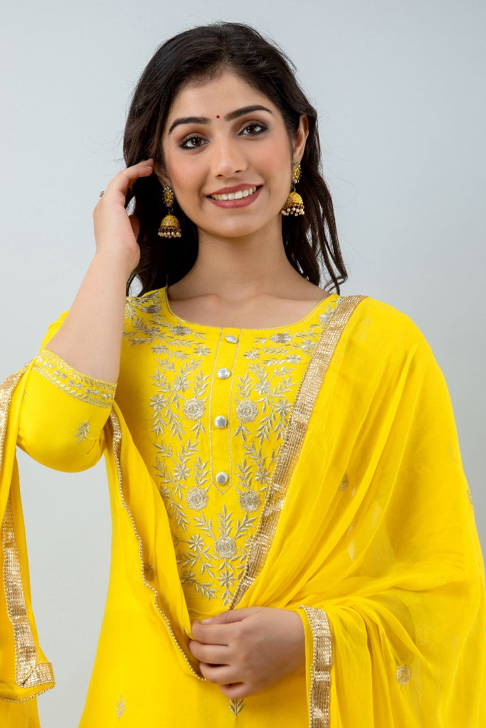 Yellow Straight Solid Kurta with Sharara and Dupatta