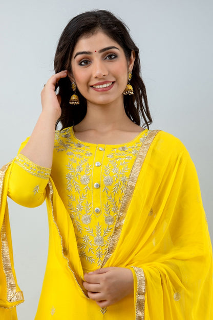 Yellow Straight Solid Kurta with Sharara and Dupatta