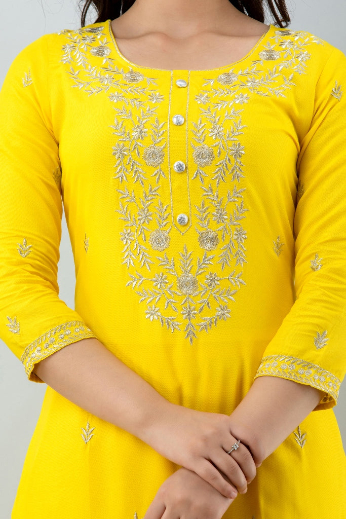 Yellow Straight Solid Kurta with Sharara and Dupatta