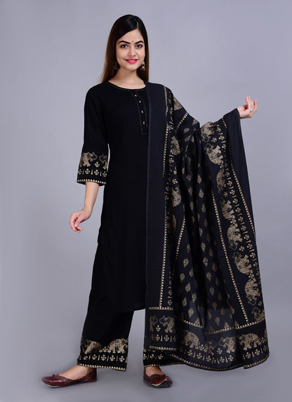 Black Straight Solid Kurta with Pant and Dupatta