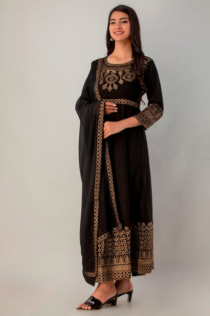 Black Gown Solid Dress with Dupatta