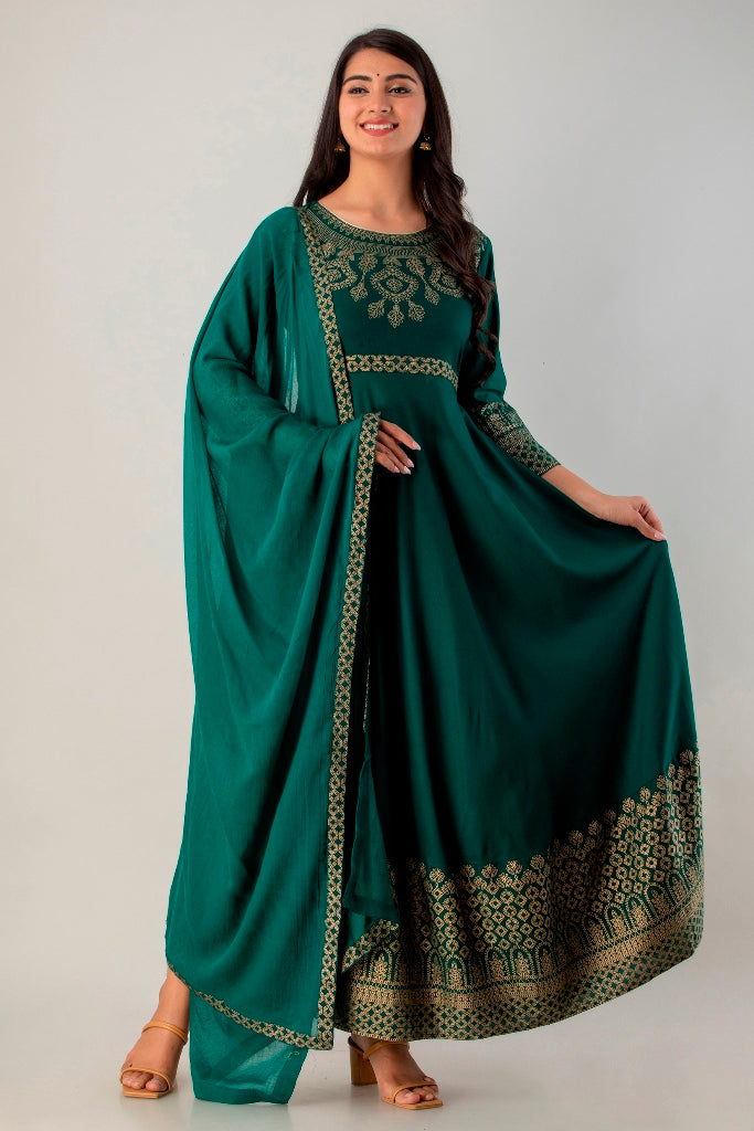 Green Gown Solid Dress with Dupatta