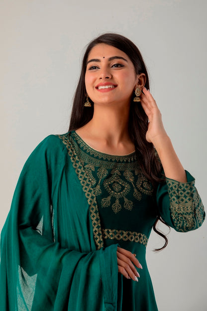 Green Gown Solid Dress with Dupatta