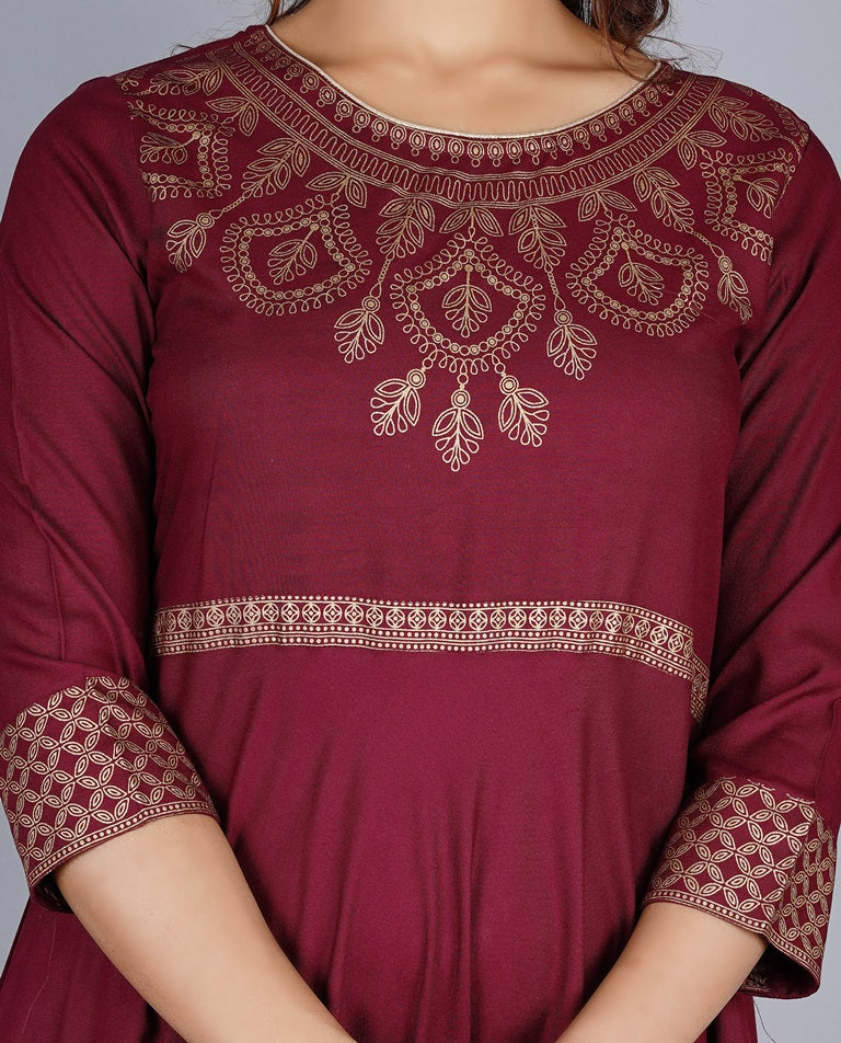 Maroon Gown Solid Dress with Dupatta