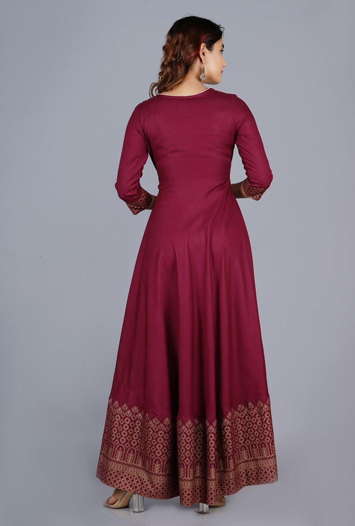 Maroon Gown Solid Dress with Dupatta
