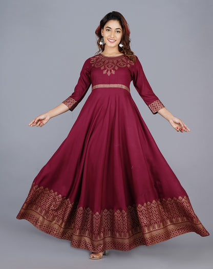 Maroon Gown Solid Dress with Dupatta